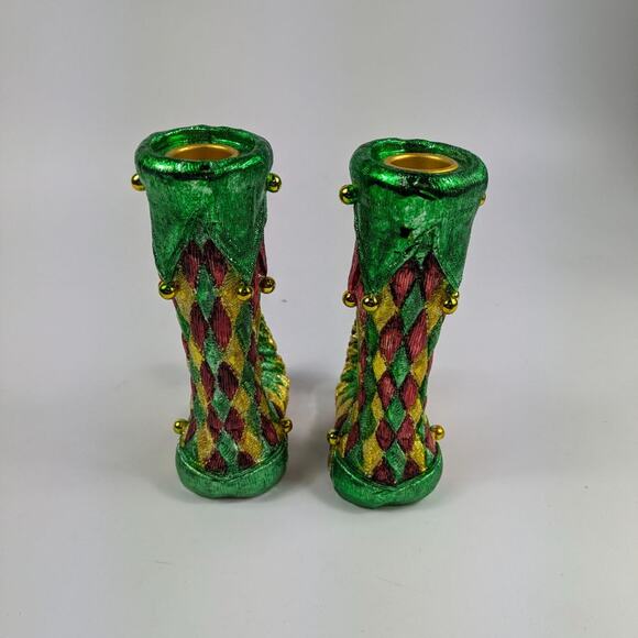 Elf Shoe Candlestick Holders 6.5" Christmas Holiday Decor Jester Mardi Gras Gold - Picture 4 of 15